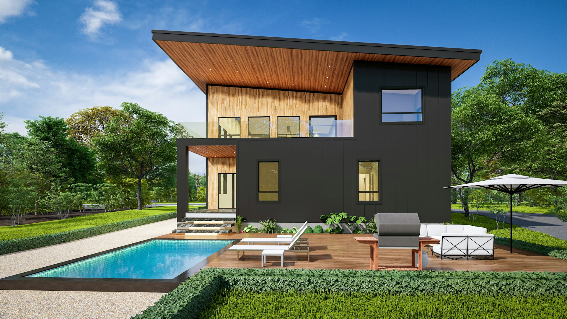 A modern house with a pool in front of it